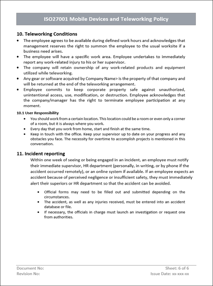 Mobile device and teleworking, Teleworking conditions