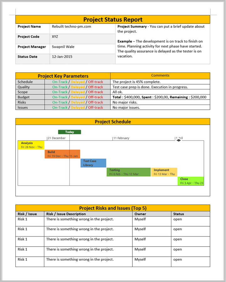 Project Status Report, Project Status