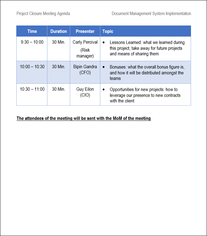 project closure meeting agenda, project closure