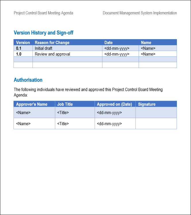 project control board meeting agenda, project control board 