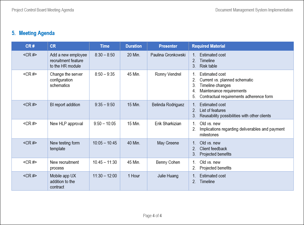 project control board meeting agenda, project control board