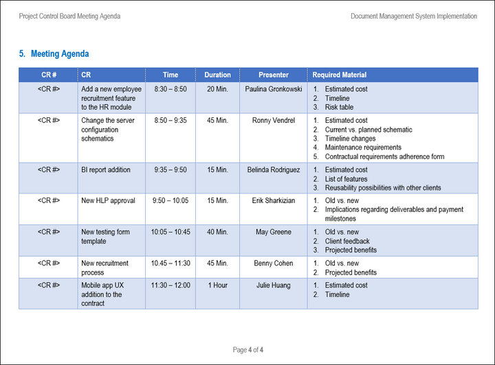 project control board meeting agenda, project control board