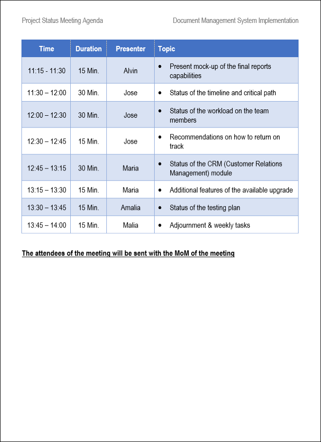 Project Status Meeting Agenda